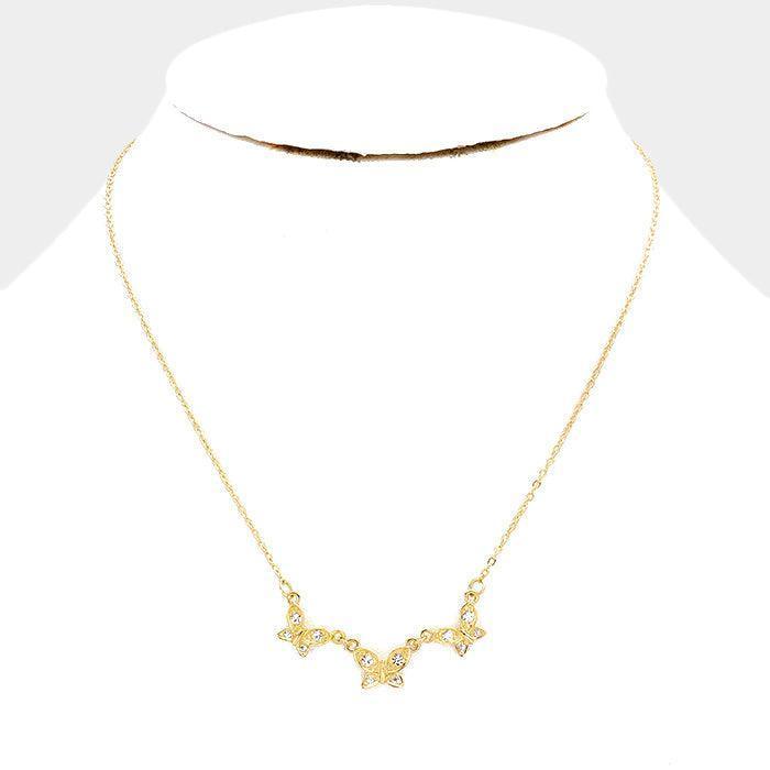 Gold Rhinestone Triple Butterfly Pendant Necklace - Jewelry Store by Erik Rayo
