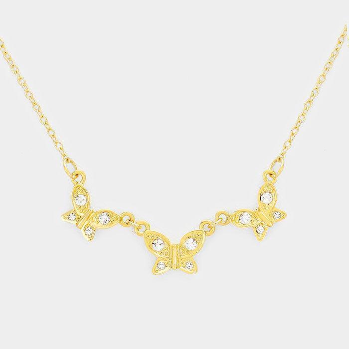 Gold Rhinestone Triple Butterfly Pendant Necklace - Jewelry Store by Erik Rayo