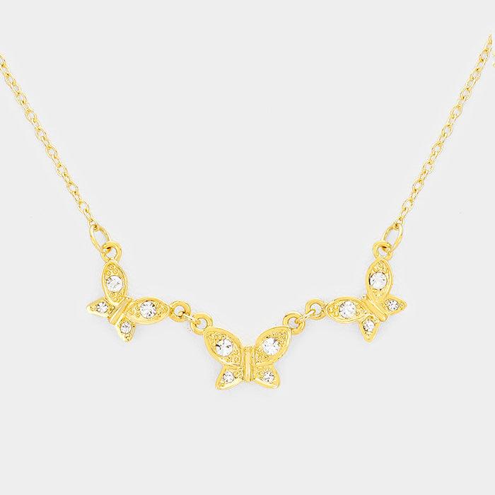 Gold Rhinestone Triple Butterfly Pendant Necklace