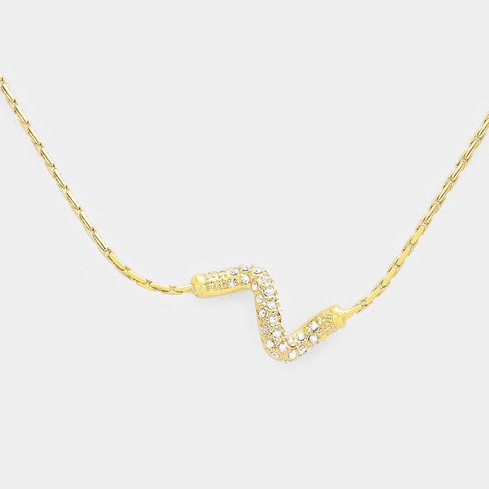 Gold Rhinestone Wavy Metal Pendant Necklace