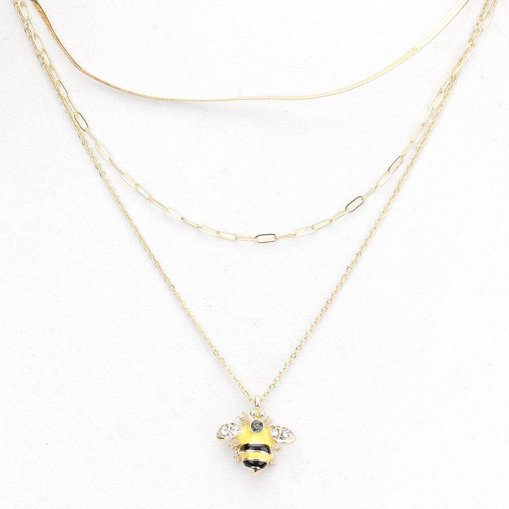Gold Stone Embellished Enamel Honey Bee Pendant Triple Layered Necklace - Jewelry Store by Erik Rayo