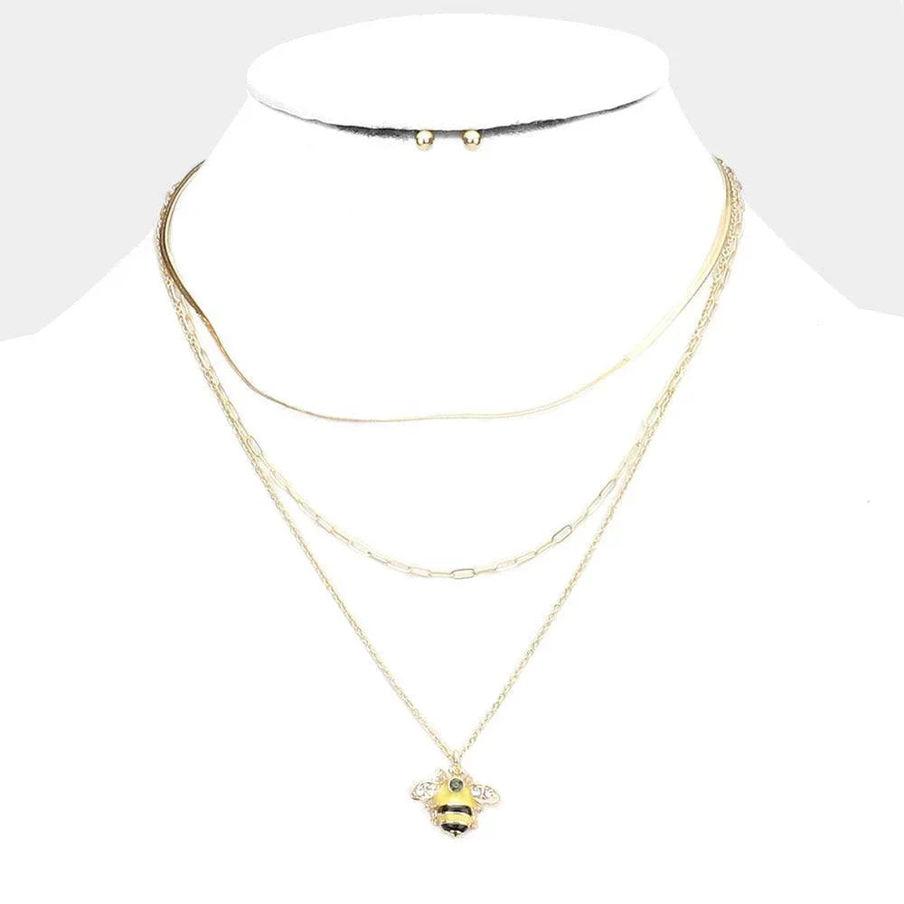 Gold Stone Embellished Enamel Honey Bee Pendant Triple Layered Necklace - Jewelry Store by Erik Rayo