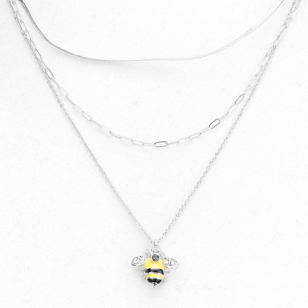 Silver Stone Embellished Enamel Honey Bee Pendant Triple Layered Necklace - Jewelry Store by Erik Rayo