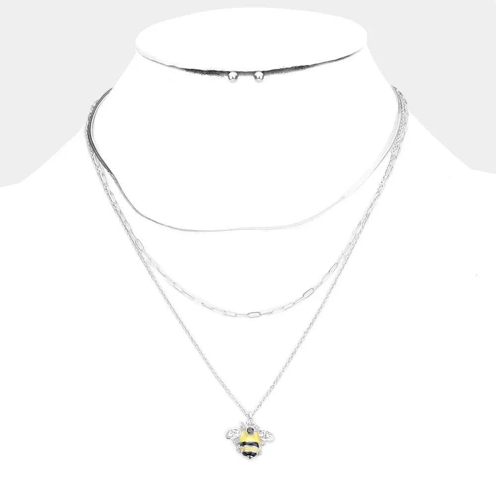Silver Stone Embellished Enamel Honey Bee Pendant Triple Layered Necklace - Jewelry Store by Erik Rayo