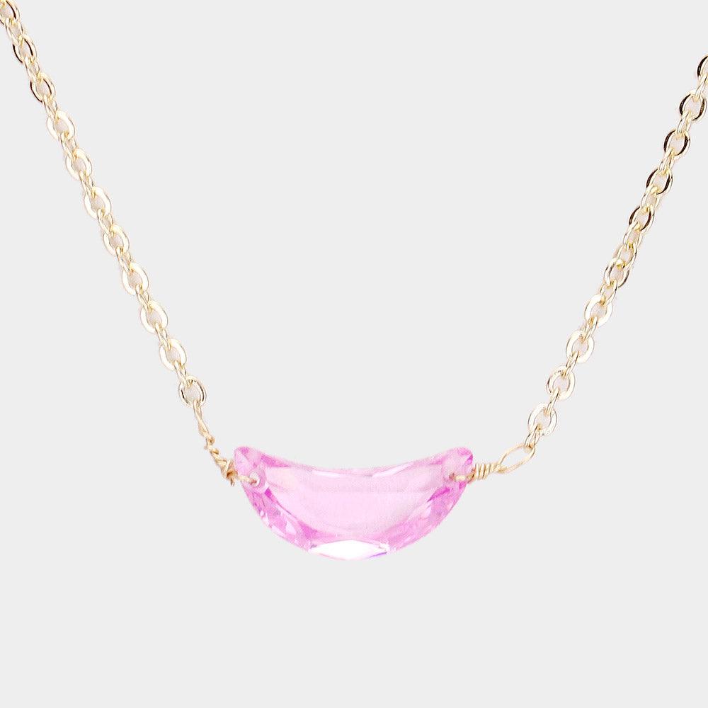 Pink Cubic Zirconia Crescent Moon Pendant Necklace