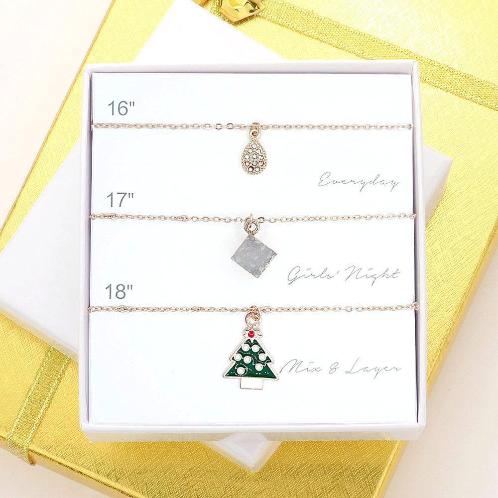 Gold 3PCS - Teardrop Natural Stone Christmas Tree Pendant Necklaces - Jewelry Store by Erik Rayo