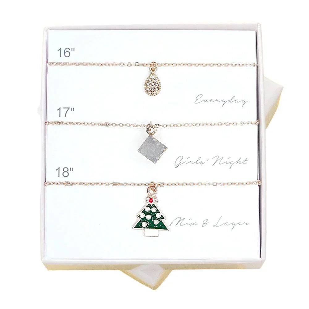 Gold 3PCS - Teardrop Natural Stone Christmas Tree Pendant Necklaces - Jewelry Store by Erik Rayo