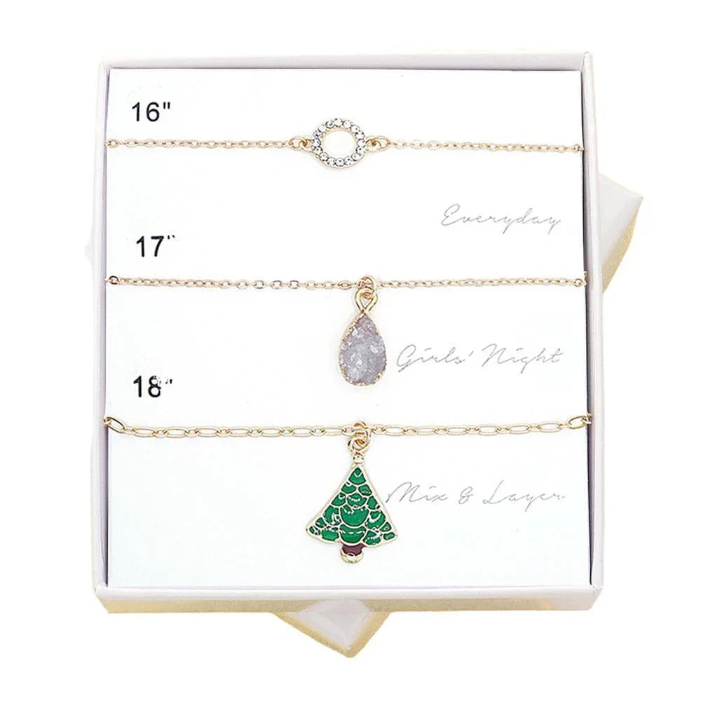Gold 3PCS - Open Circle Natural Stone Christmas Tree Pendant Necklaces - Jewelry Store by Erik Rayo
