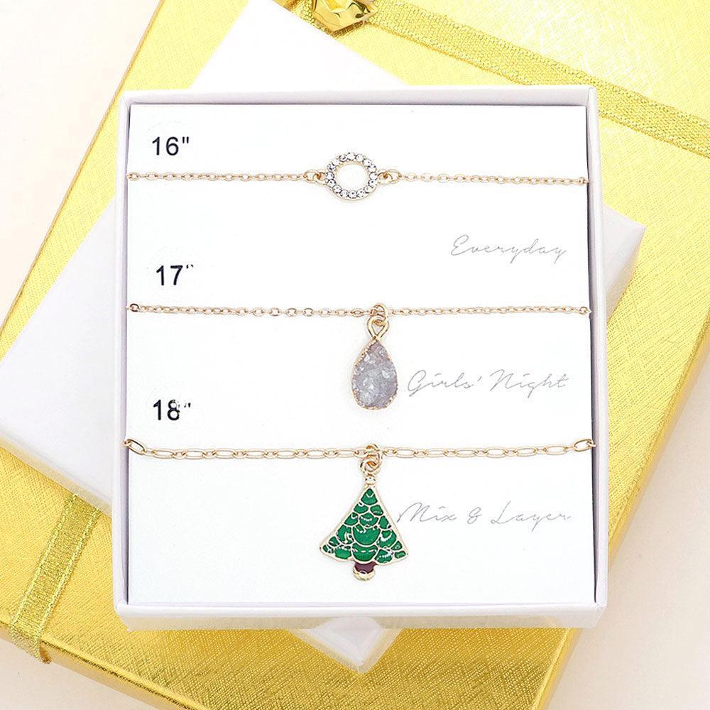 Gold 3PCS - Open Circle Natural Stone Christmas Tree Pendant Necklaces - Jewelry Store by Erik Rayo