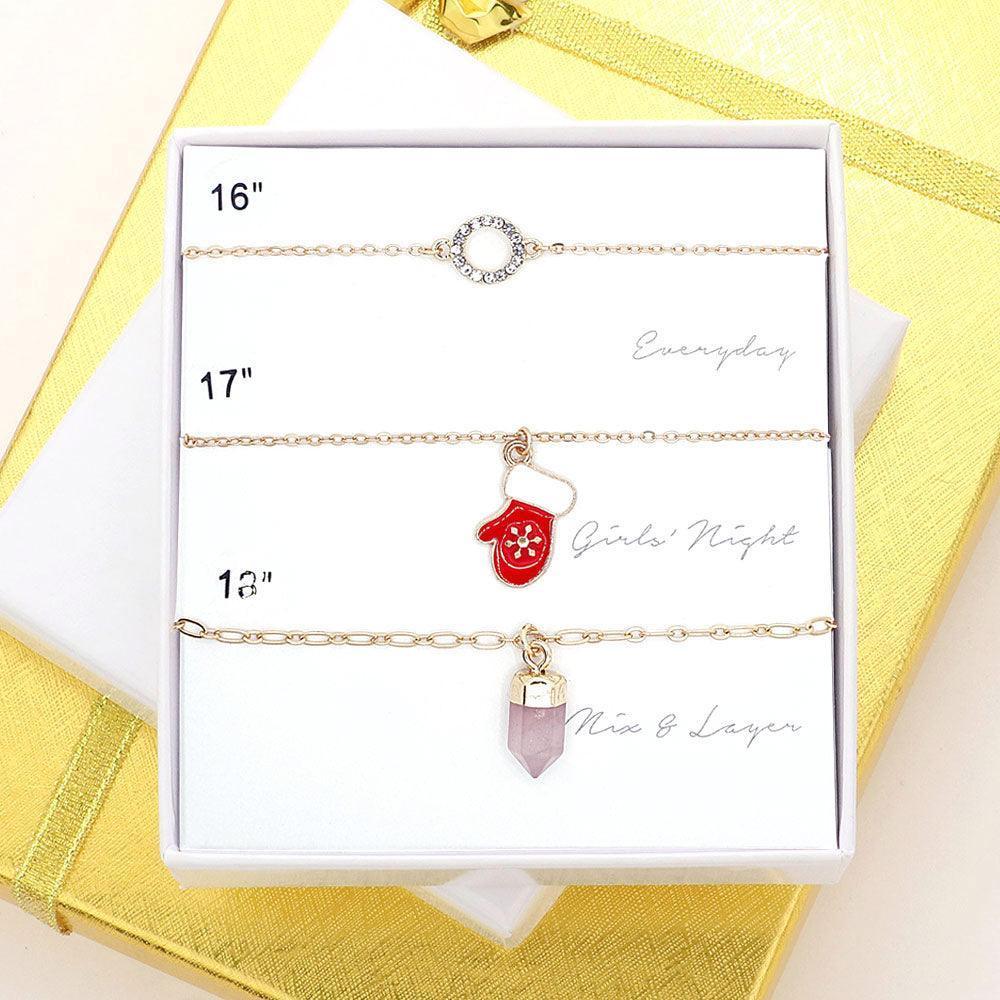 Gold 3PCS - Open Circle Glove Natural Stone Pendant Necklaces - Jewelry Store by Erik Rayo