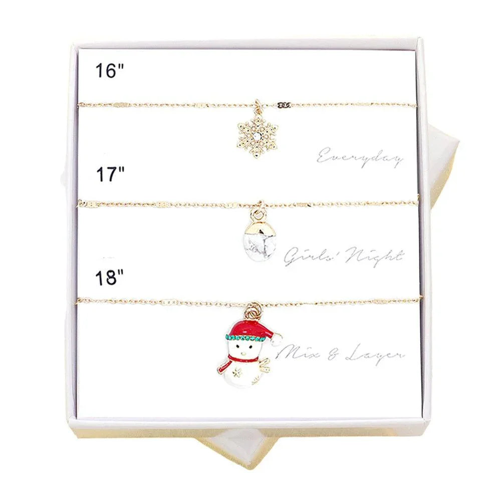 Gold 3PCS - Snowflake Natural Stone Snowman Pendant Necklaces - Jewelry Store by Erik Rayo
