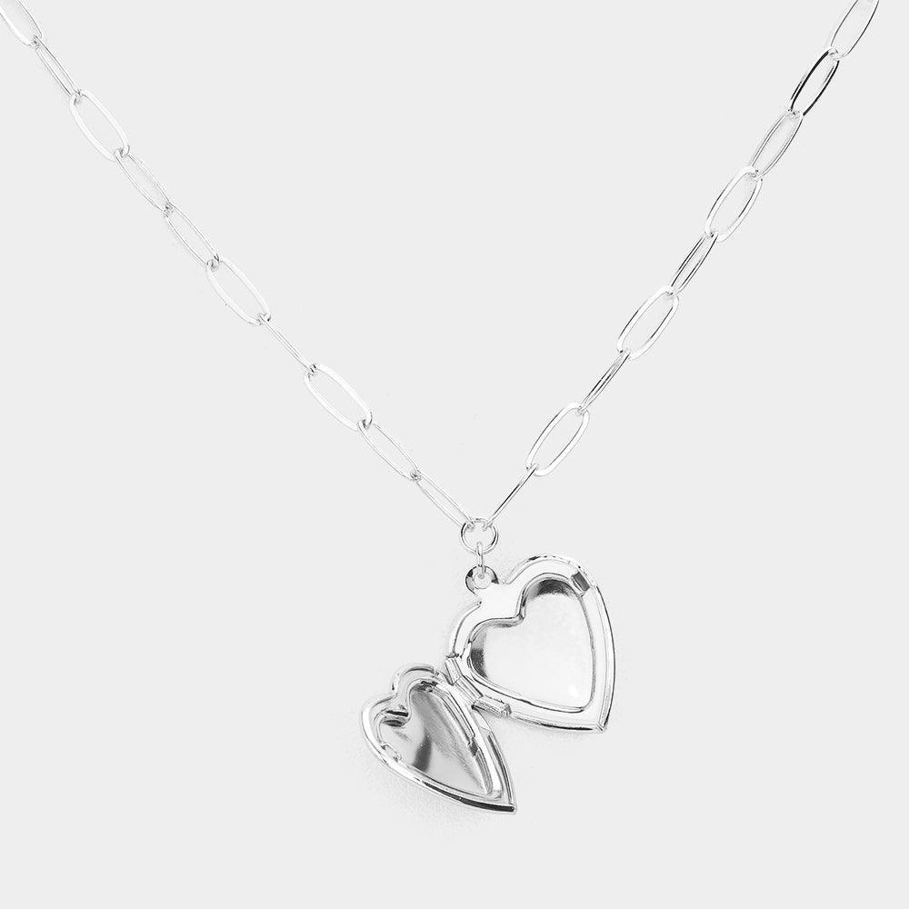 Silver Matte Metal Heart Locket Pendant Paperclip Chain Necklace - Jewelry Store by Erik Rayo