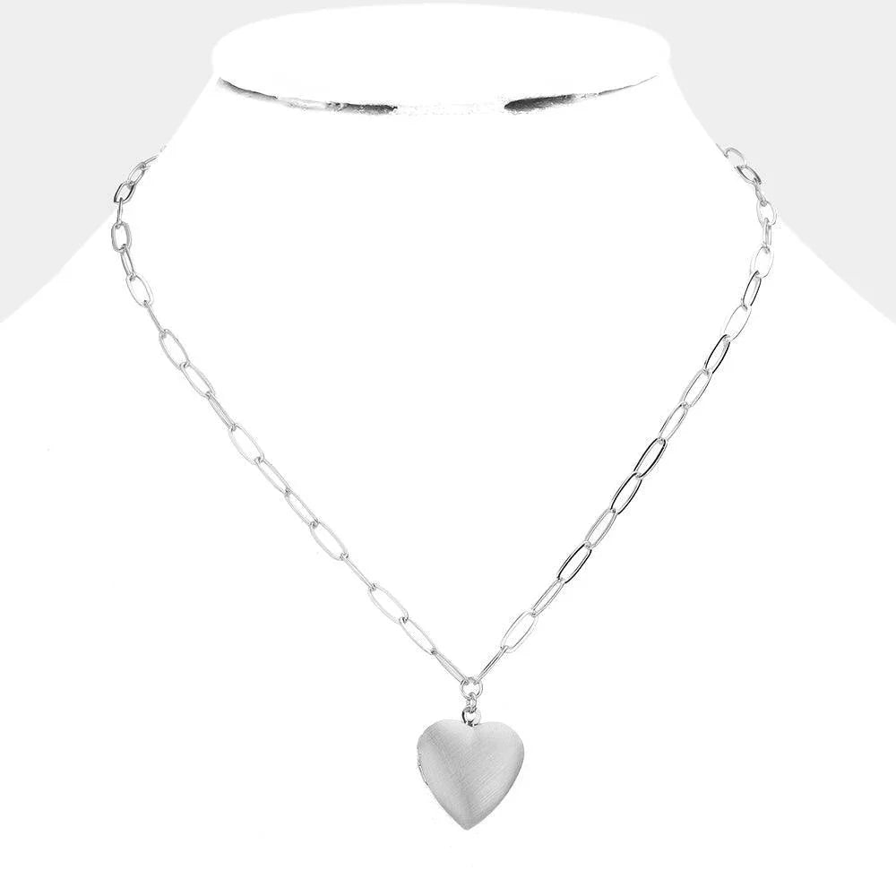 Silver Matte Metal Heart Locket Pendant Paperclip Chain Necklace - Jewelry Store by Erik Rayo