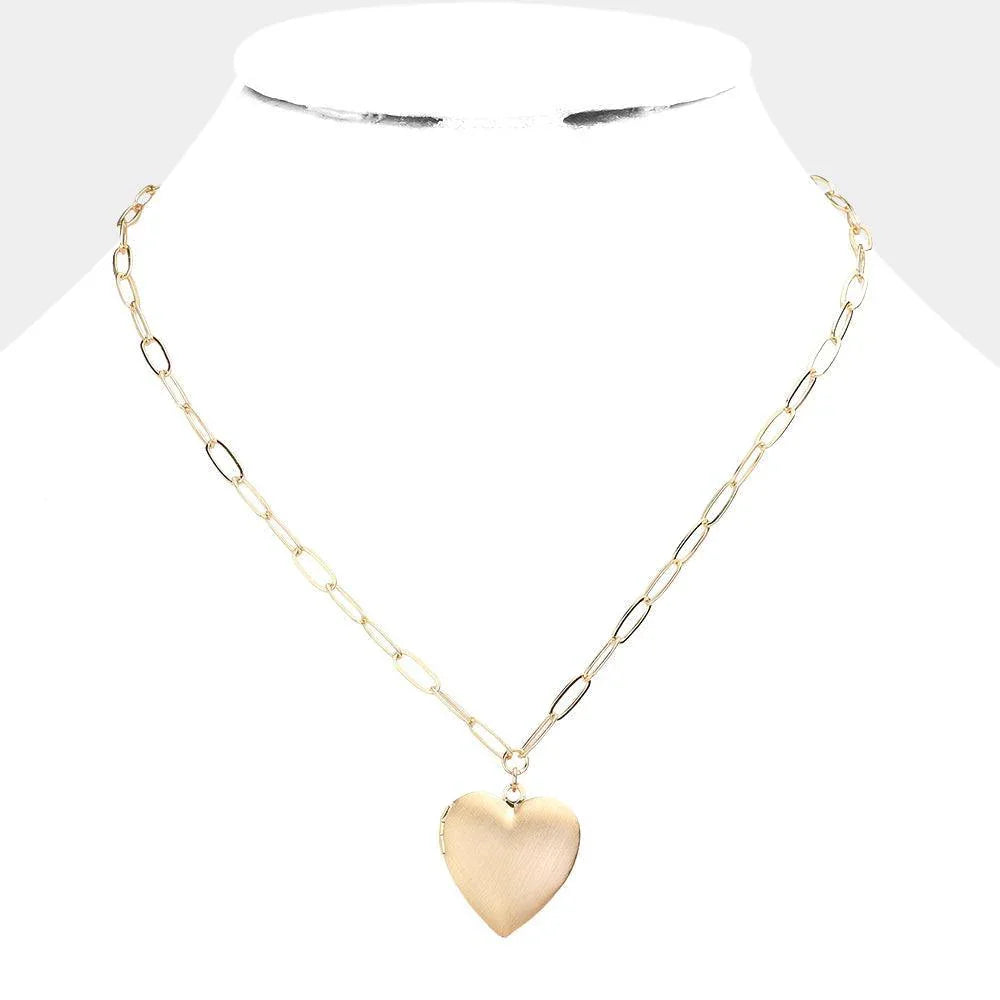 Gold Matte Metal Heart Locket Pendant Paperclip Chain Necklace - Jewelry Store by Erik Rayo