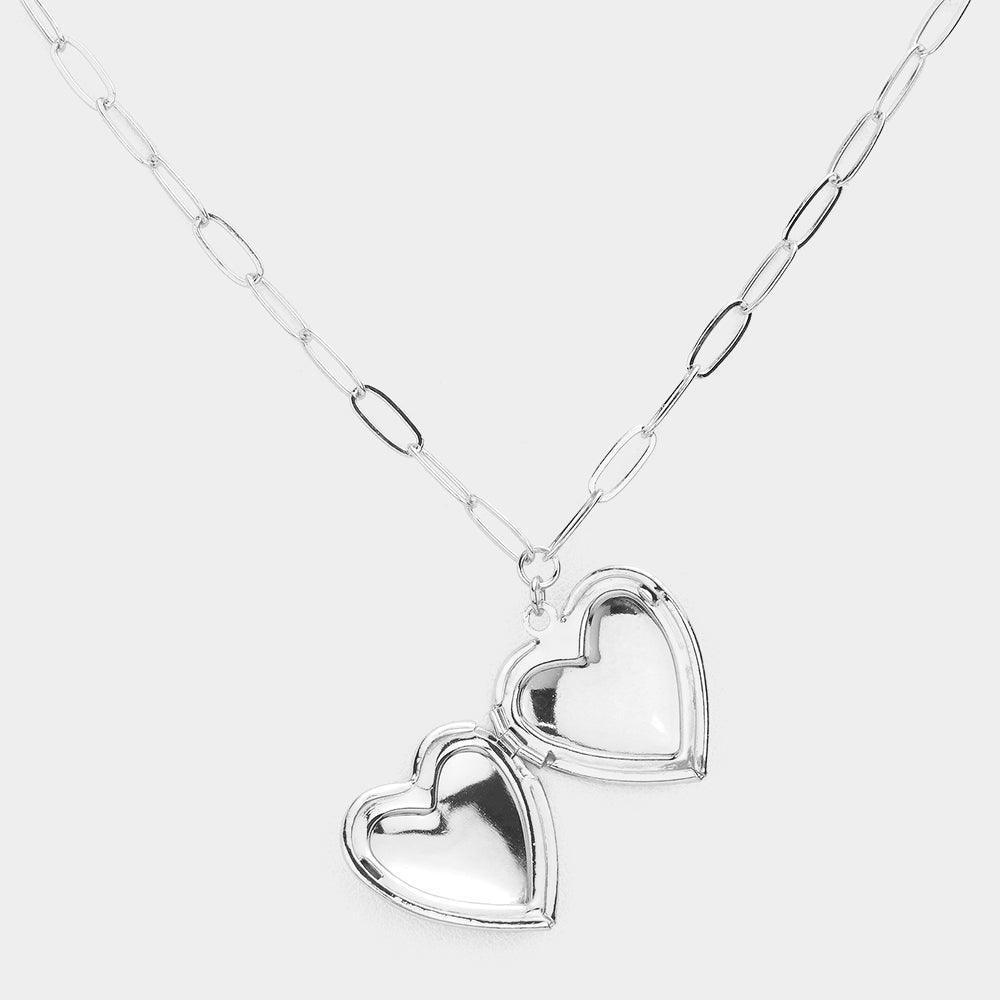 Silver Matte Metal Heart Locket Pendant Paperclip Chain Necklace - Jewelry Store by Erik Rayo