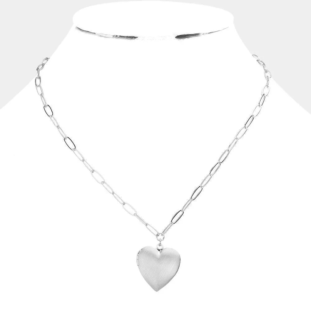 Silver Matte Metal Heart Locket Pendant Paperclip Chain Necklace - Jewelry Store by Erik Rayo