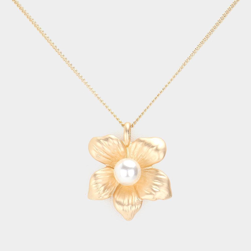Cream Pearl Pointed Metal Flower Pendant Necklace - Jewelry Store by Erik Rayo