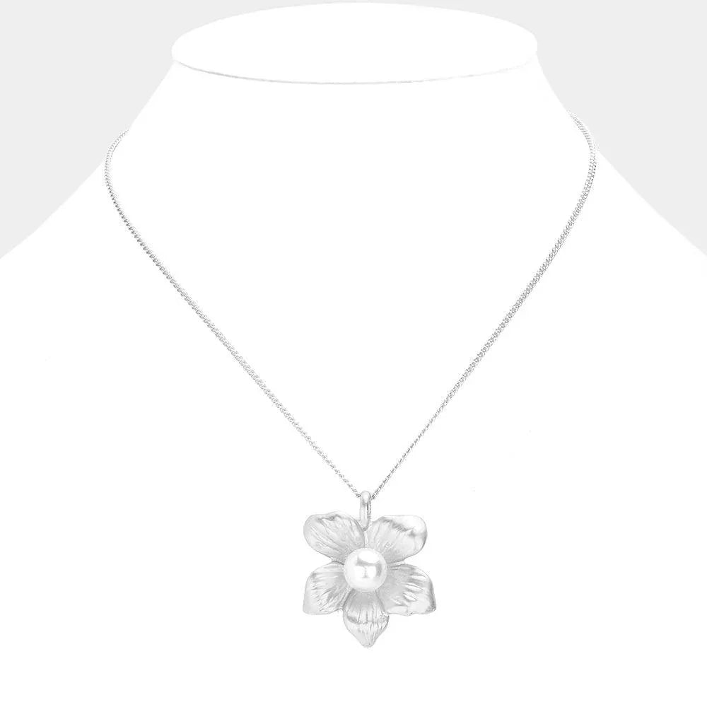 White Pearl Pointed Metal Flower Pendant Necklace - Jewelry Store by Erik Rayo
