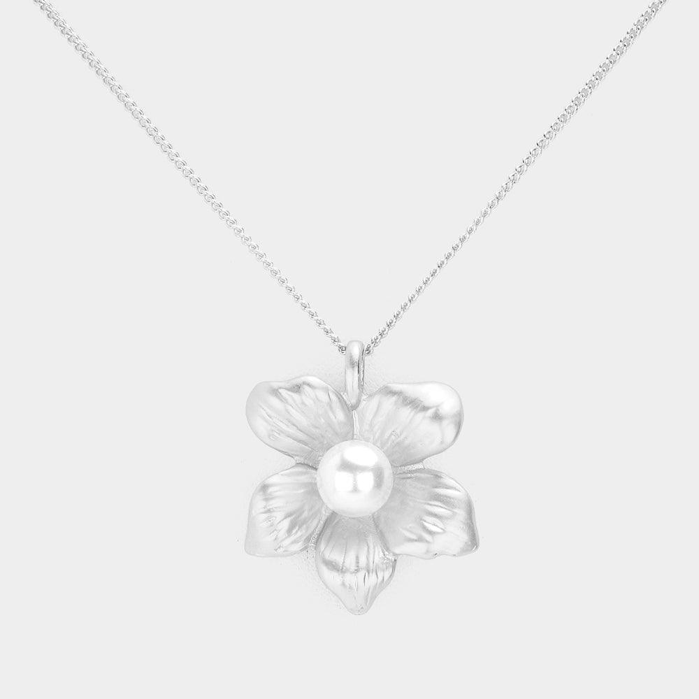 White Pearl Pointed Metal Flower Pendant Necklace - Jewelry Store by Erik Rayo