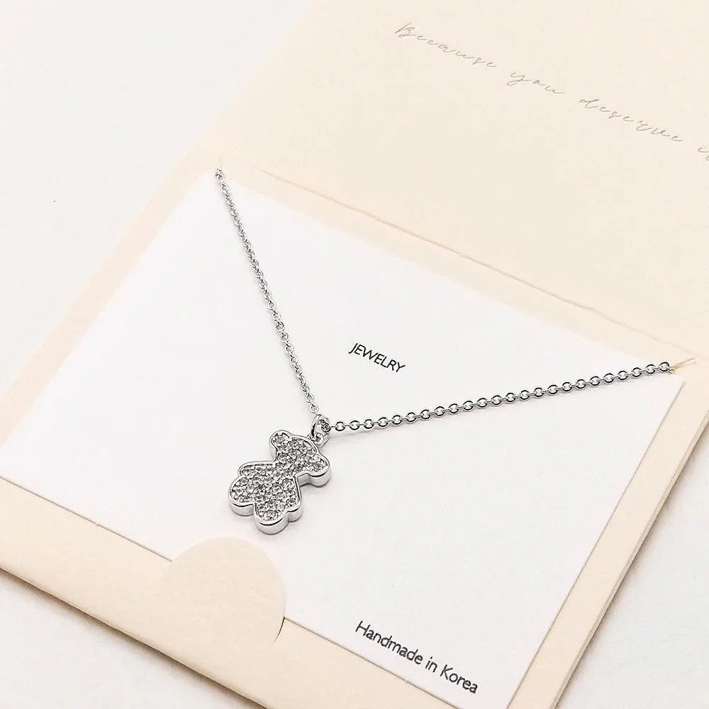 Silver CZ Embellished Metal Bear Pendant Necklace - Jewelry Store by Erik Rayo