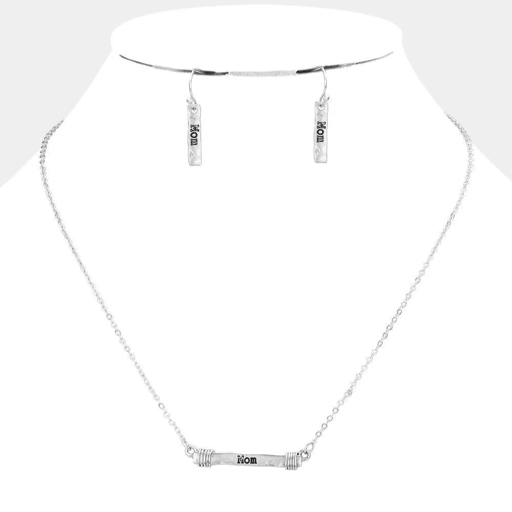 Silver "MOM" Irregular Horizontal Metal Bar Pendant Necklace - Jewelry Store by Erik Rayo