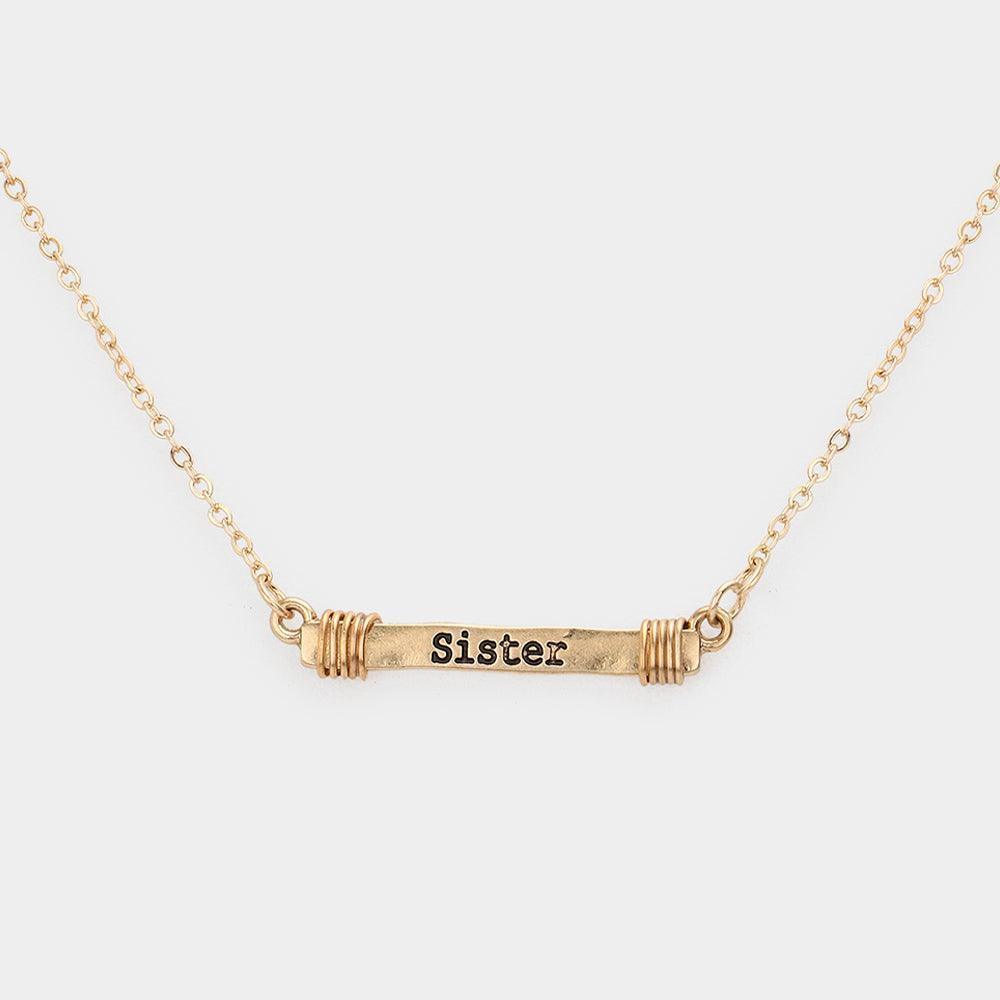 Gold "SISTER" Irregular Horizontal Metal Bar Pendant Necklace - Jewelry Store by Erik Rayo