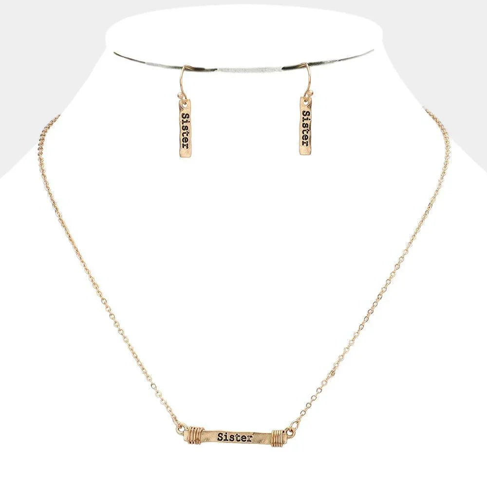 Gold "SISTER" Irregular Horizontal Metal Bar Pendant Necklace - Jewelry Store by Erik Rayo