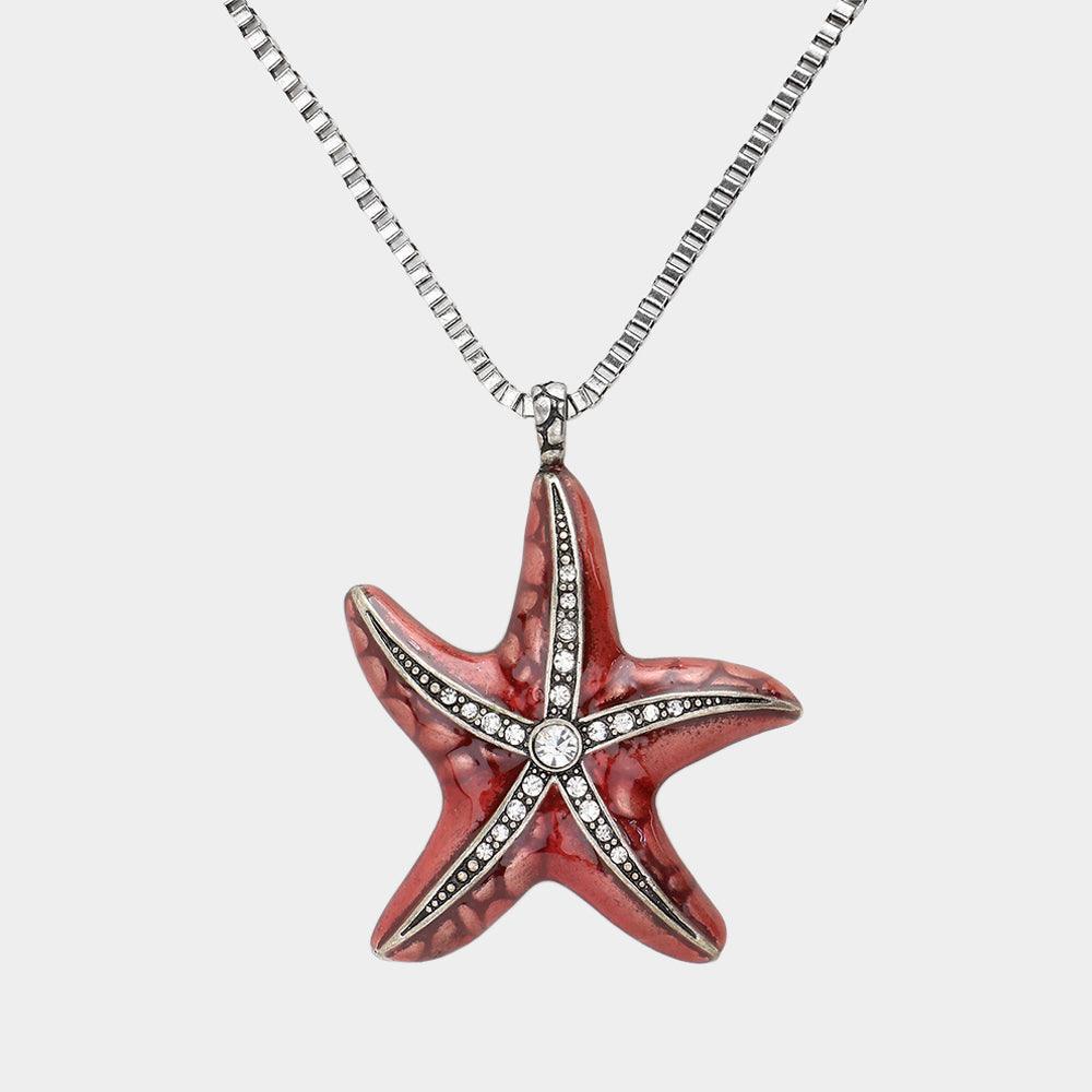 Coral Crystal Enamel Starfish Pendant Necklace - Jewelry Store by Erik Rayo