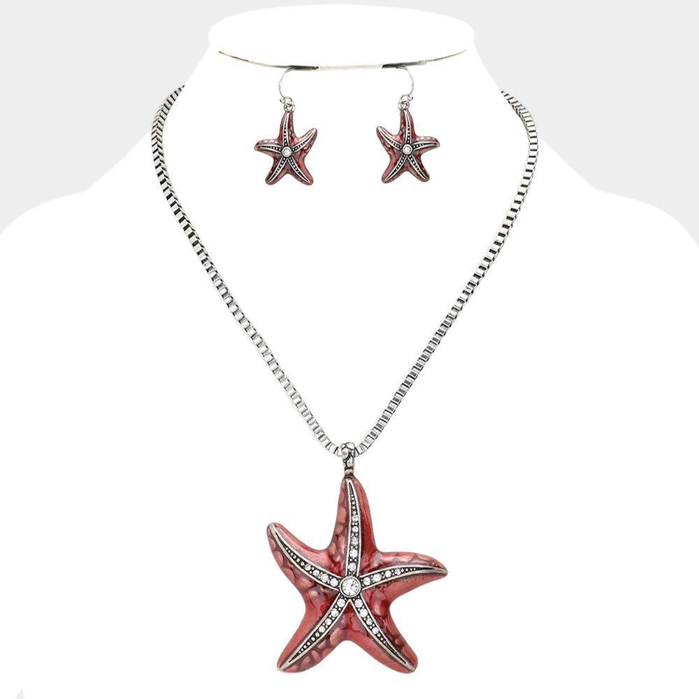 Coral Crystal Enamel Starfish Pendant Necklace - Jewelry Store by Erik Rayo