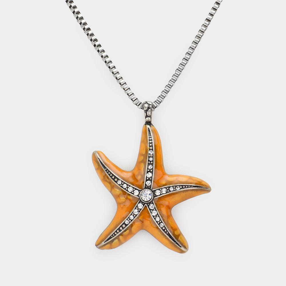 Orange Crystal Enamel Starfish Pendant Necklace - Jewelry Store by Erik Rayo