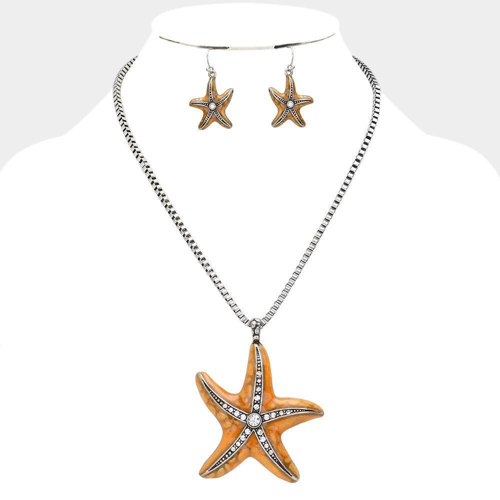 Orange Crystal Enamel Starfish Pendant Necklace - Jewelry Store by Erik Rayo