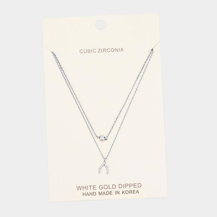 Clear White Gold Dipped Cubic Zirconia CZ Wishbone Pendant Necklace - Jewelry Store by Erik Rayo