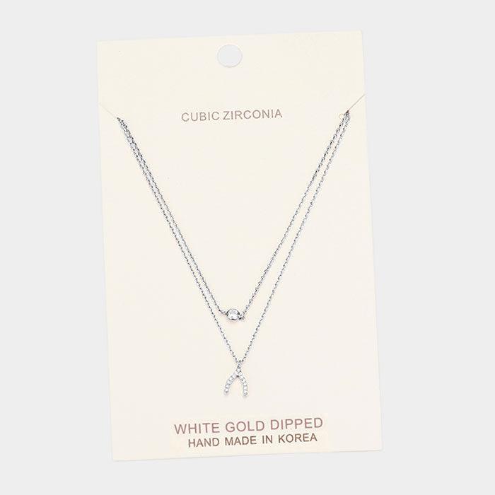 Clear White Gold Dipped Cubic Zirconia CZ Wishbone Pendant Necklace