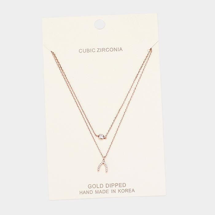 Rose Gold Gold Dipped Cubic Zirconia CZ Wishbone Pendant Necklace - Jewelry Store by Erik Rayo