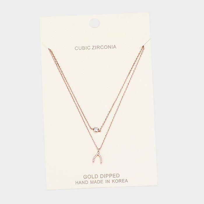 Rose Gold Gold Dipped Cubic Zirconia CZ Wishbone Pendant Necklace