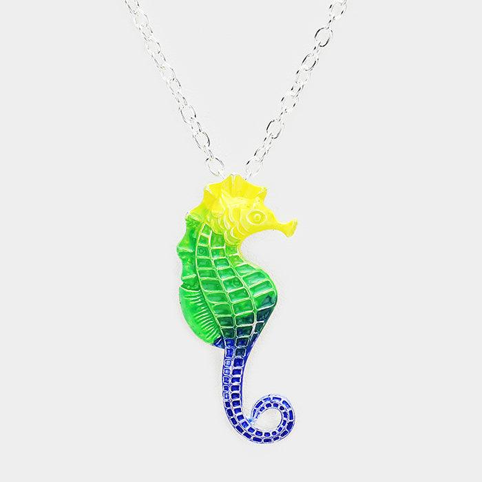 Silver Seahorse Colored Metal Pendant Necklace