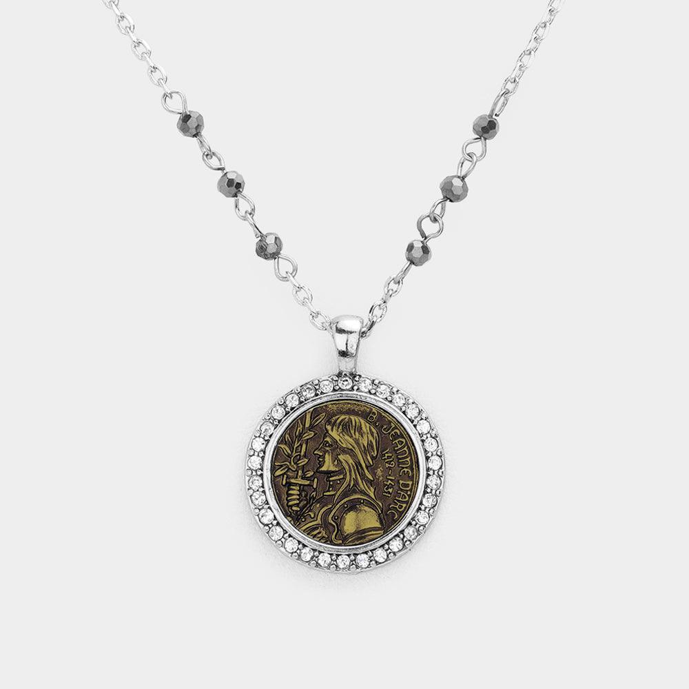 Silver "Faith Strength Courage" Jeanne D'arc Pendant necklace with Metallic Beads - Jewelry Store by Erik Rayo