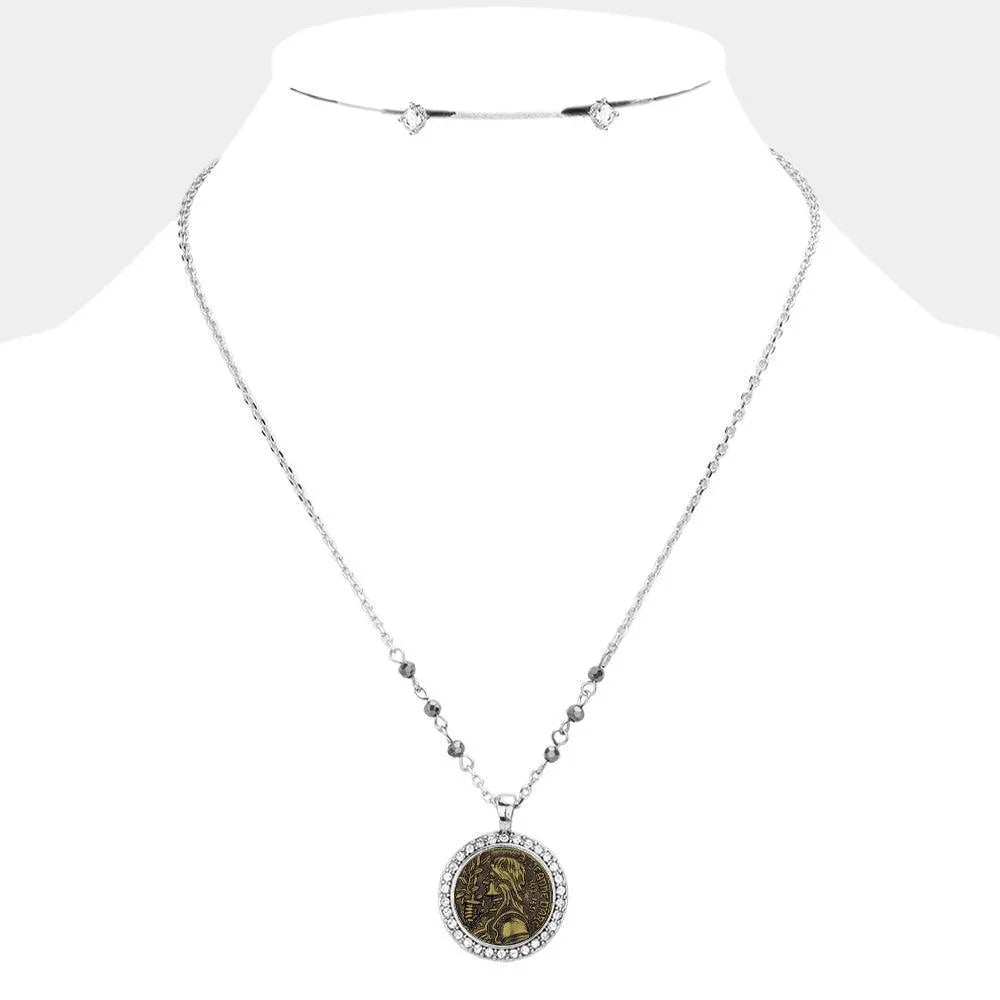 Silver "Faith Strength Courage" Jeanne D'arc Pendant necklace with Metallic Beads - Jewelry Store by Erik Rayo