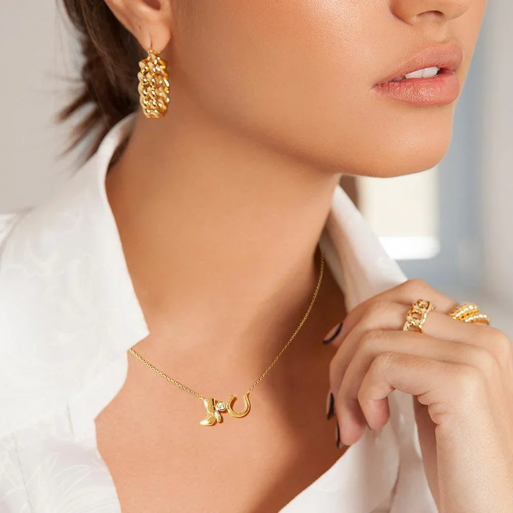 Gold Gold Dipped Western Boot Round Stone Horseshoe Pendant Necklace - Jewelry Store by Erik Rayo