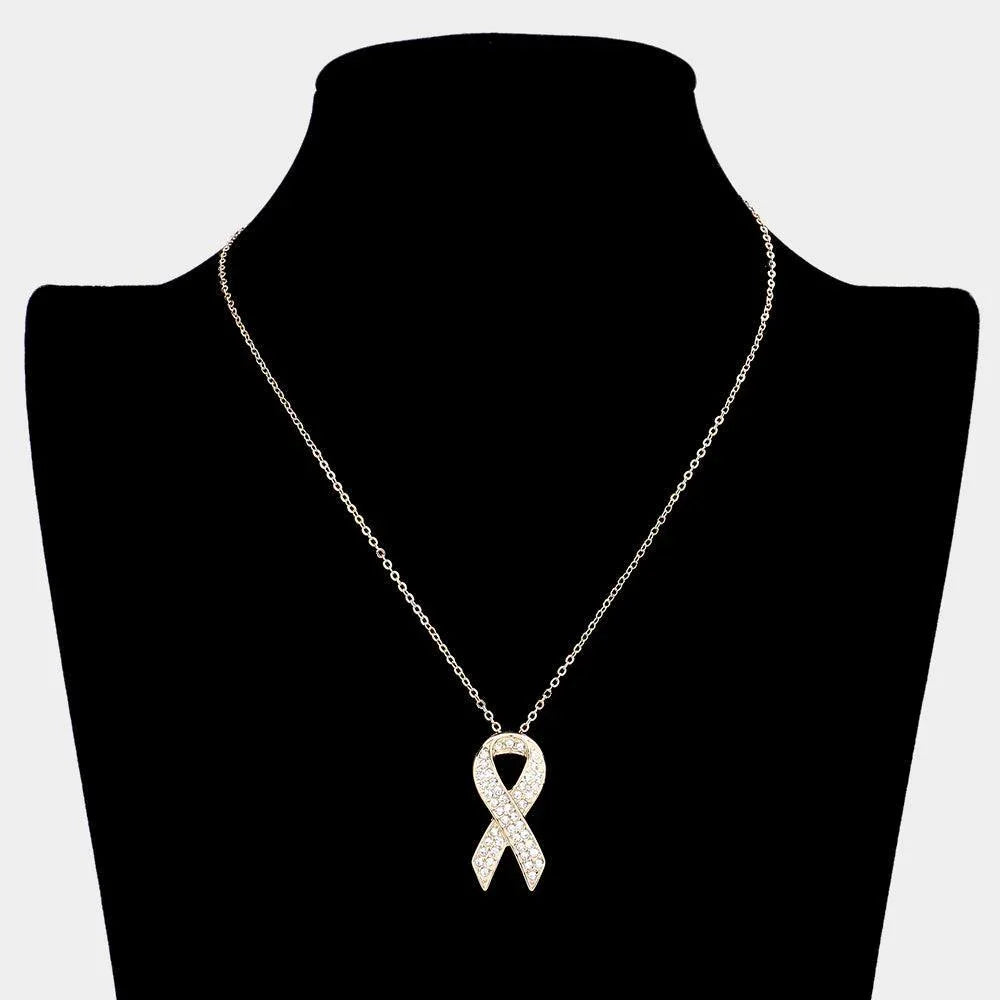 Gold Rhinestone Embellished Metal Pink Ribbon Pendant Necklace - Jewelry Store by Erik Rayo