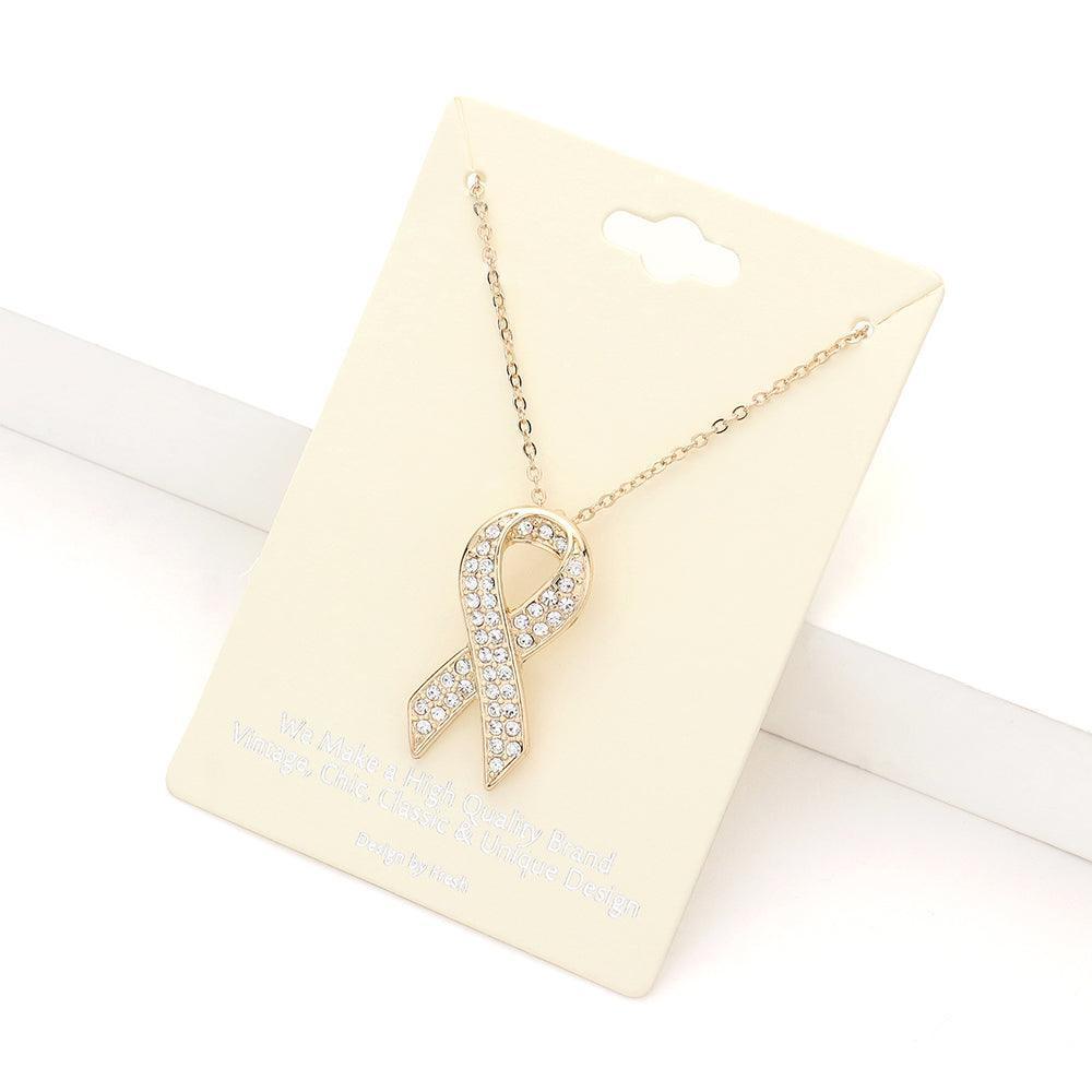 Gold Rhinestone Embellished Metal Pink Ribbon Pendant Necklace - Jewelry Store by Erik Rayo