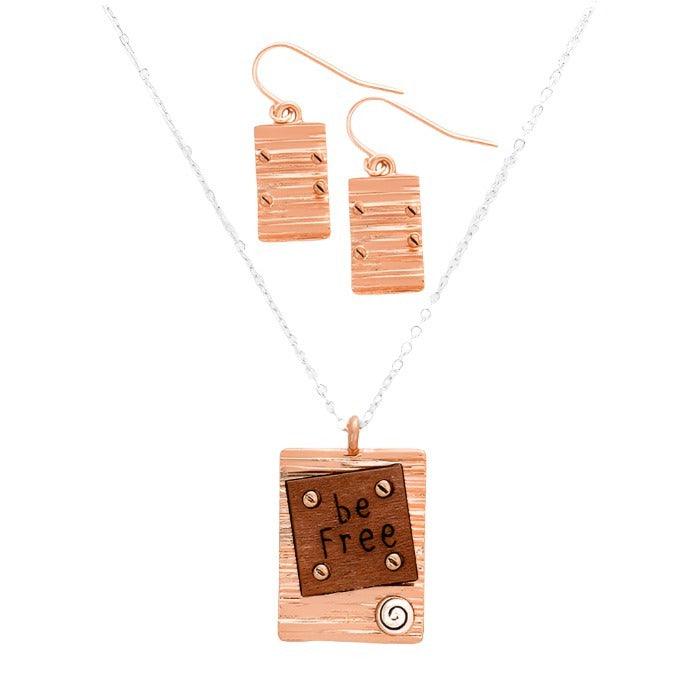 Be Free Wood Rectangular Metal Pendant Necklace