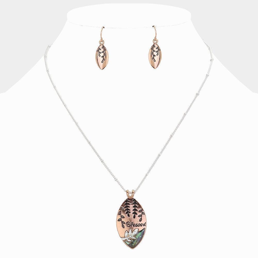 Gold Blessed Message Abalone Oval Metal Pendant Necklace - Jewelry Store by Erik Rayo