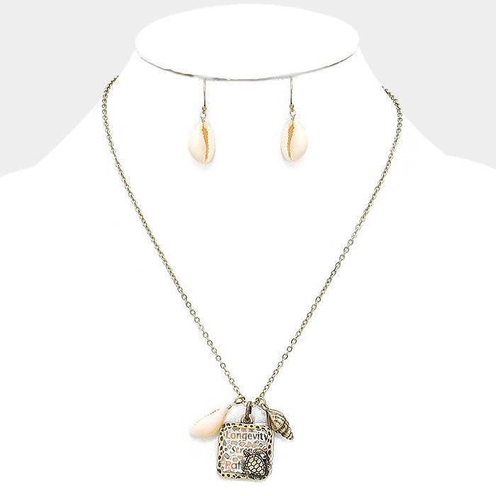Peach "Longevity Strength" Turtle Cut out Disc Pendant & Shell Charm Necklace - Jewelry Store by Erik Rayo