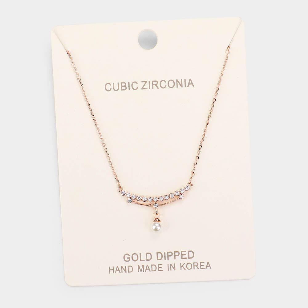 Rose Gold Gold Dipped Cubic Zirconia Pearl Pendant Necklace - Jewelry Store by Erik Rayo