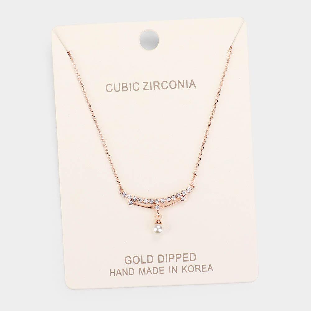 Rose Gold Gold Dipped Cubic Zirconia Pearl Pendant Necklace