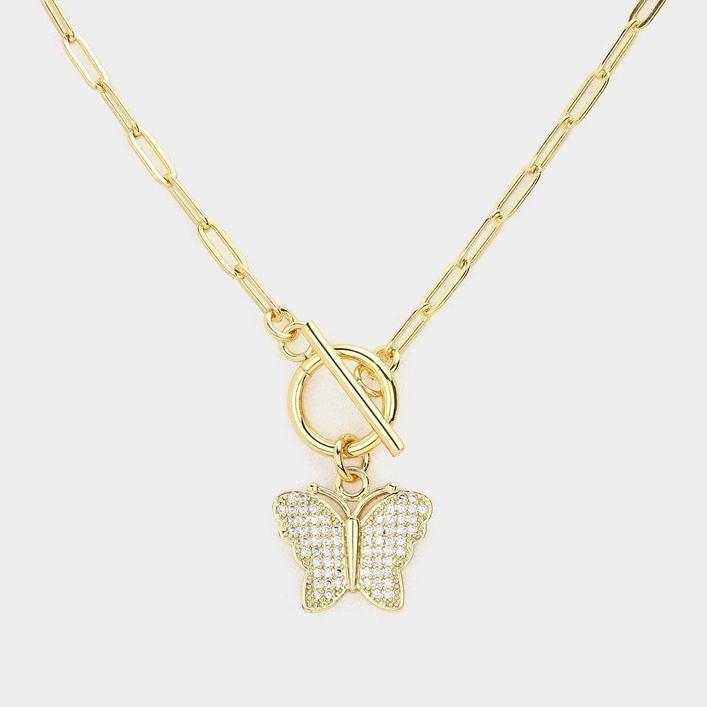 Gold CZ Embellished Butterfly Pendant Toggle Necklace - Jewelry Store by Erik Rayo