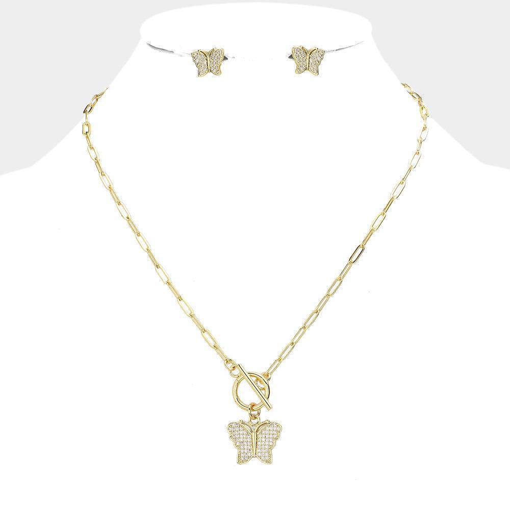 Gold CZ Embellished Butterfly Pendant Toggle Necklace - Jewelry Store by Erik Rayo
