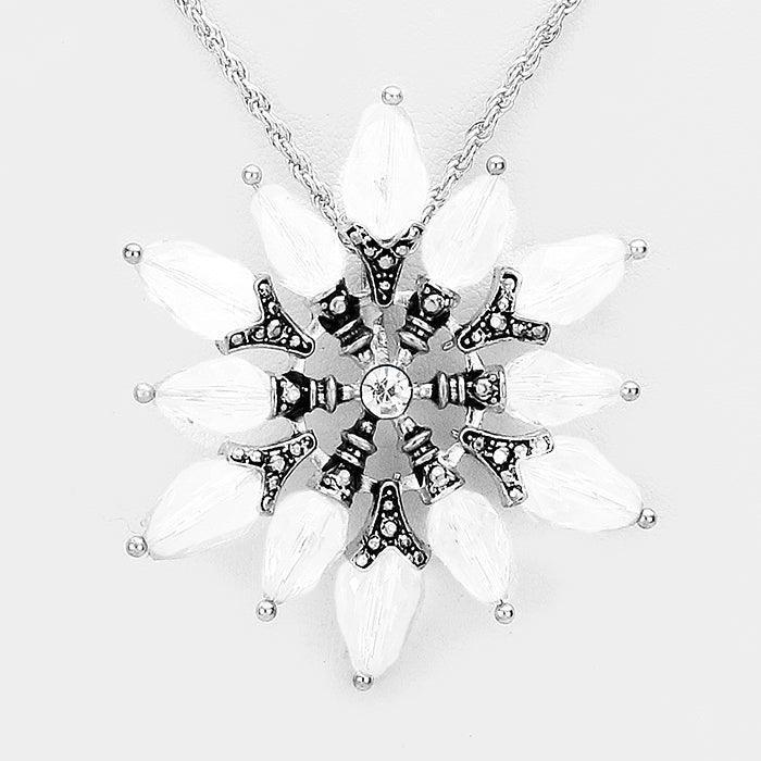 White Bead Antique Metal Flower Flake Pendant Necklace - Jewelry Store by Erik Rayo
