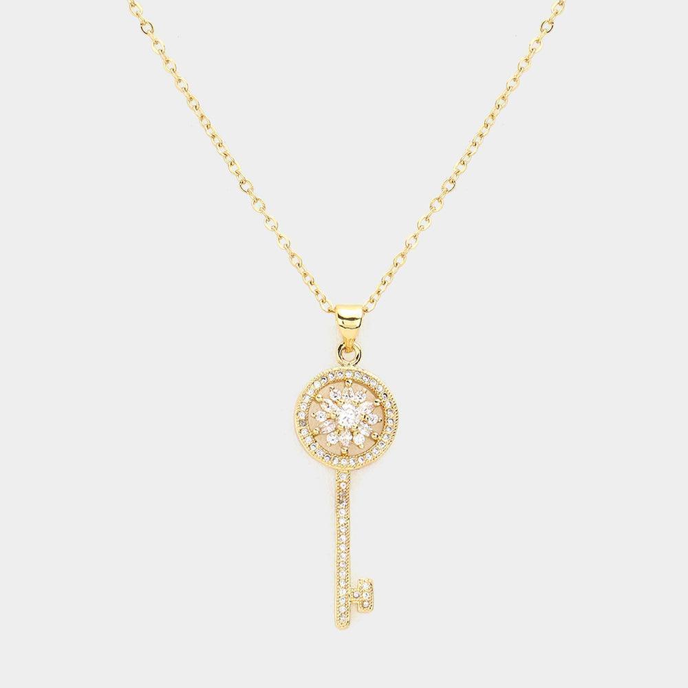 Gold CZ Embellished Key Pendant Stainless Steel Necklace - Jewelry Store by Erik Rayo